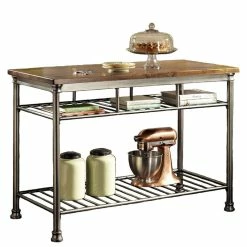 New 🔥 Decorn Industrial Kitchen Island, Slatted Metal Shelf And Butcher Block Top, Caramel Wo 🔔