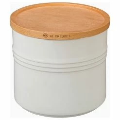 Buy 𧨠Le Creuset White Stoneware 1.5 Quart Canister With Wooden Lid β€οΈ