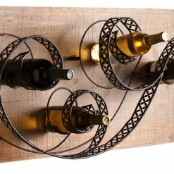 Budget 🤩 SEI Furniture Zamora Fir And Swirled Iron Wall Mount 4 Bottle Wine Rack ⌛